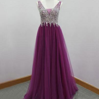 Tulle A-line Prom Dress,long Evening Dress,beading..