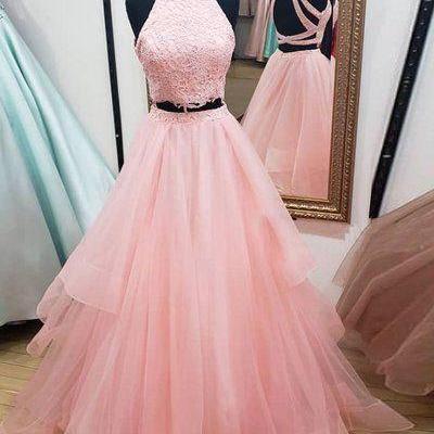 Pink Tulle Two Pieces Strapless O Neck Two Pieces..