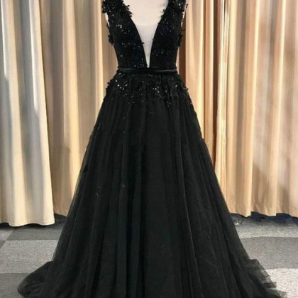 Black V Neck Tulle Lace Long Prom Dress, Black..