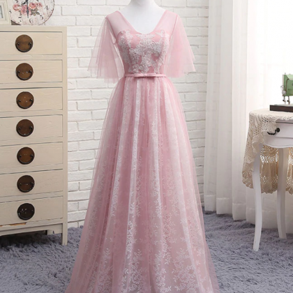 Prom Dresses, A Line V Neck Lace Tulle Long Prom..