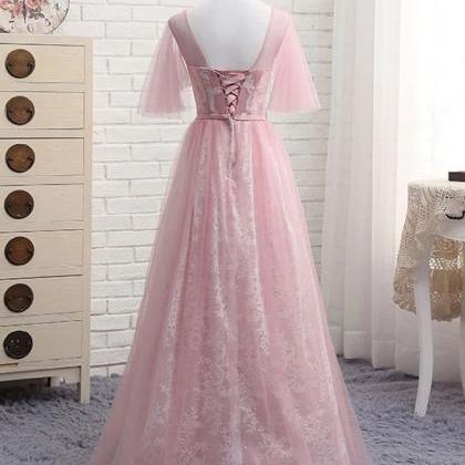 Prom Dresses, A Line V Neck Lace Tulle Long Prom..