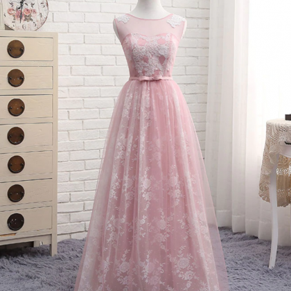 Prom Dresses, A Line Round Neck Lace Tulle Long..