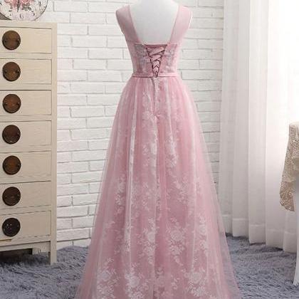 Prom Dresses, A Line Round Neck Lace Tulle Long..