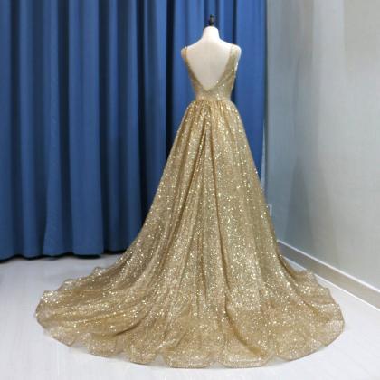 Sexy Gold Sequin Arabic Evening Dress Long Dubai..