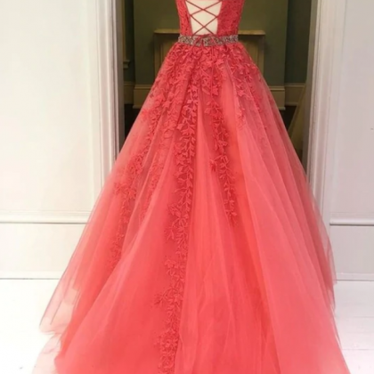 Prom Dresses Lace Long Prom Dress, Coral Lace..