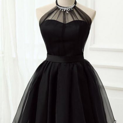 Cute Black Tulle Halter Short Homecoming Dress,..