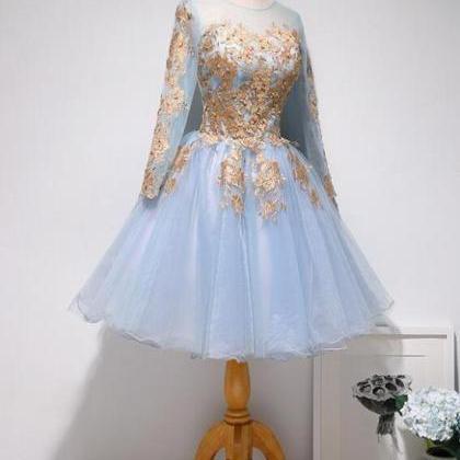 Long Sleeves With Gold Lace Cute Homecoming Dress,..