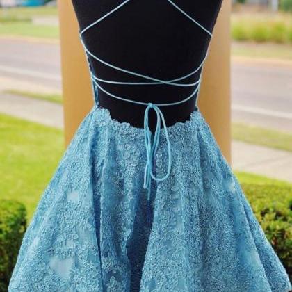 A Line Backless Lace Short Prom Dre..