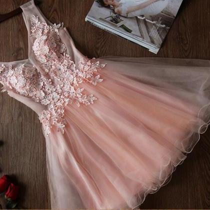 Blush Pink Homecoming Dresses, Lace Bridesmaid..