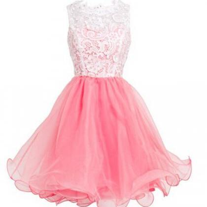 Cute Pink Short Lace Tulle Short Prom Dresses,..