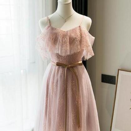 Pink Lace Straps Short Bridesmaid Dress, Lace..