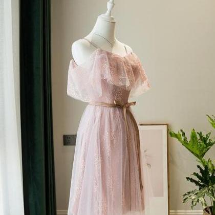 Pink Lace Straps Short Bridesmaid Dress, Lace..