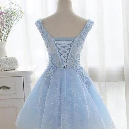 Light Blue Cute V-neckline Lace Short Party Dress,..