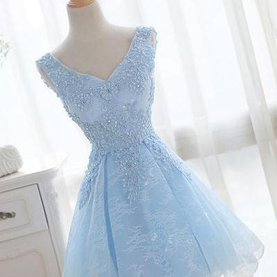 Light Blue Cute V-neckline Lace Short Party Dress,..