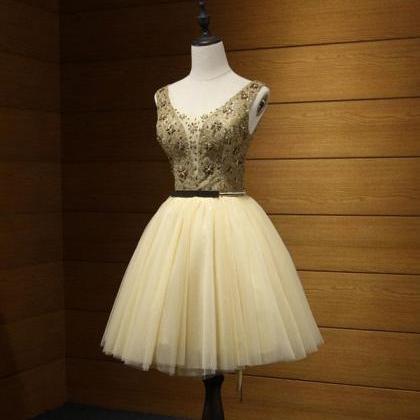 Cute Gold Tulle Lace Short Prom Dress,cute Evening..