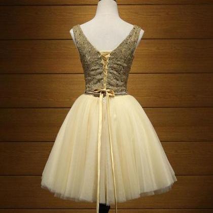 Cute Gold Tulle Lace Short Prom Dress,cute Evening..