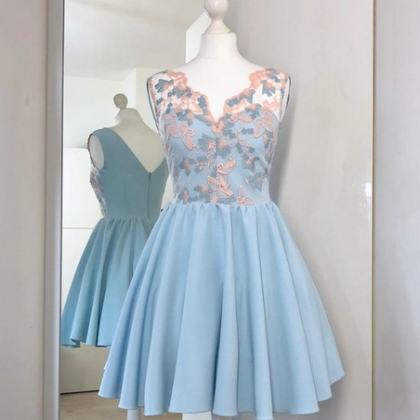Cute V-neck Light Blue Short Homecoming Dress With..