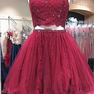 Two Piece Homecoming Dresses, Lace Burgundy Short..