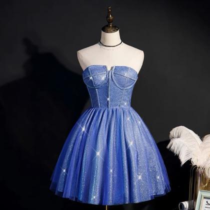 Starry Blue Strapless Prom Dresses, Little Short..
