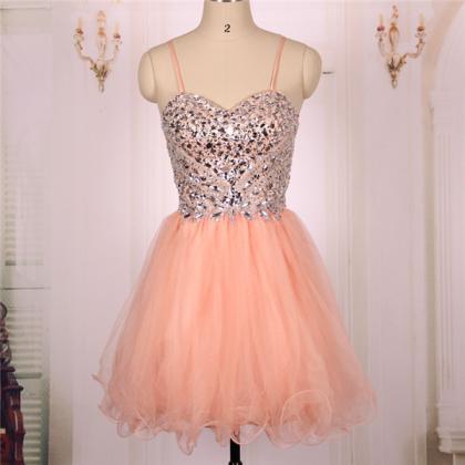 Beaded Sweetheart Ball Gown, Tulle Coral Short..