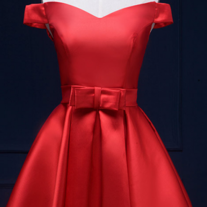 Off Shoulder Red Satin Bow Homecoming Dress, Short..
