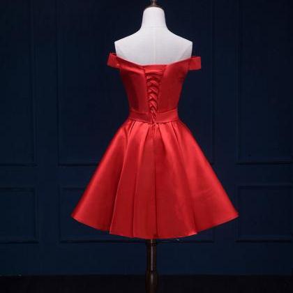 Off Shoulder Red Satin Bow Homecoming Dress, Short..