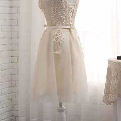 Simple Light Champagne Lace Short Homecoming..