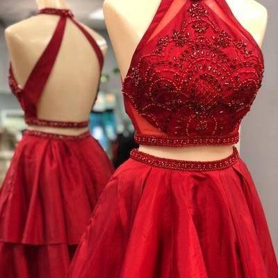 Red High Neck Beaded Homecoming Dress, Above..
