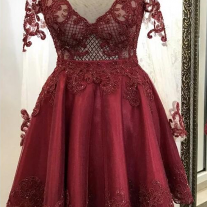 Burgundy Lace Long Sleeve Lace Short Homecoming..