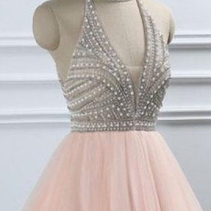 A Line High Neck Beading Homecoming Dress, Tulle..