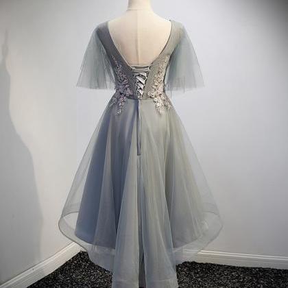 Grey V Neck Lace Short Prom Dress, High Low..