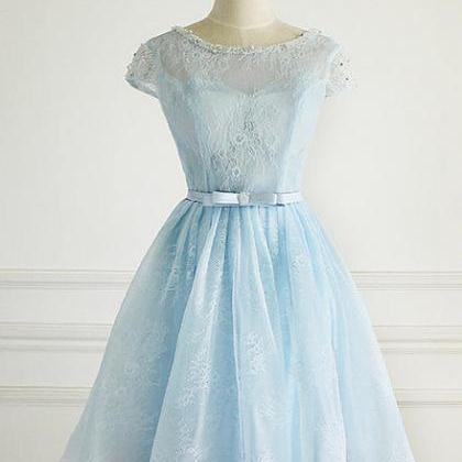 Light Blue Lace Cap Sleeves Cute Short Party..