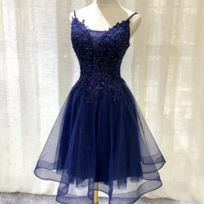 Navy Blue V-neckline Tulle Short Homecoming Dress,..