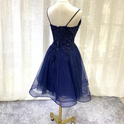 Navy Blue V-neckline Tulle Short Homecoming Dress,..