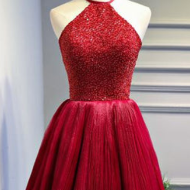 Red Halter Beaded Short Party Dress, Beaded And..