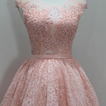 Stylish Round Neck High Low Lace Pink Evening..