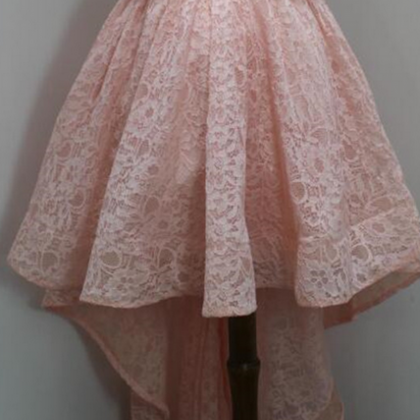 Stylish Round Neck High Low Lace Pink Evening..