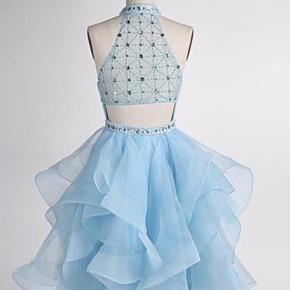 Light Blue Beaded Layers Knee Length Party Dress,..