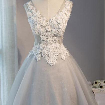 Light Grey Knee Length Tulle And Lace Party Dress,..