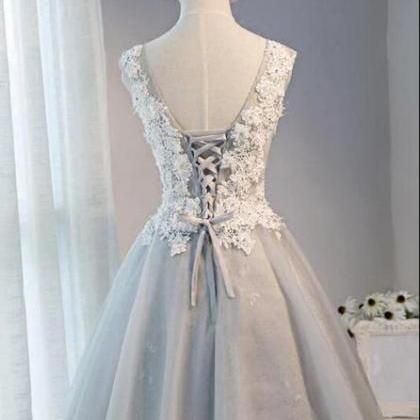 Light Grey Knee Length Tulle And Lace Party Dress,..