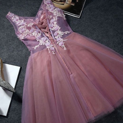 Cute Pink V Neck Lace Short Prom Dress, Homecoming..