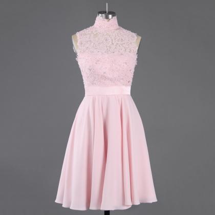 Pink High Neck Lace Applique And Beaded Chiffon..