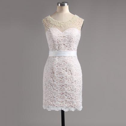 White Pearl Embellished Illusion Neckline Lace..