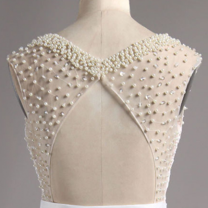 White Pearl Embellished Illusion Neckline Lace..