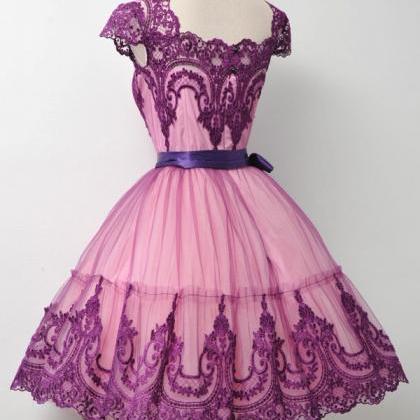 Pink Tulle Purple Lace Prom Dresses, Cap Sleeves..