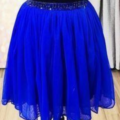Royal Blue Beaded Short Homecoming Dress, Two..