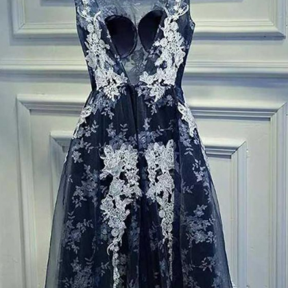Dark Blue Lace Prom Dress,short Homecoming..