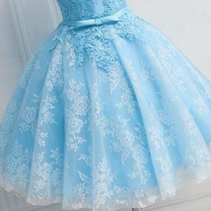 Light Blue Lace And Satin Short Party Dress, Blue..