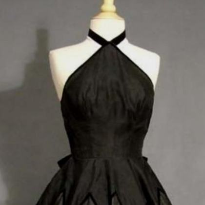 A-line Halter Black Satin Short Homecoming Dress,..