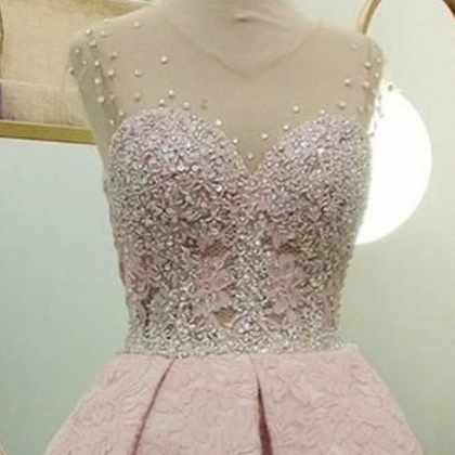 Pink A line lace sequins short prom..